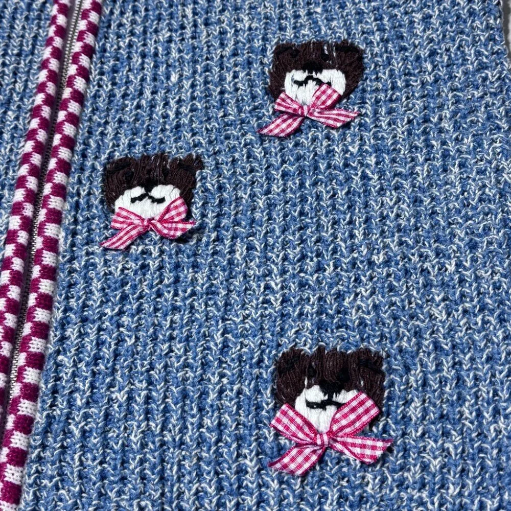 Vintage Capacity Teddy Bear Sweater Vest Large Blue Knit‎ Red Gingham Bow Ramie